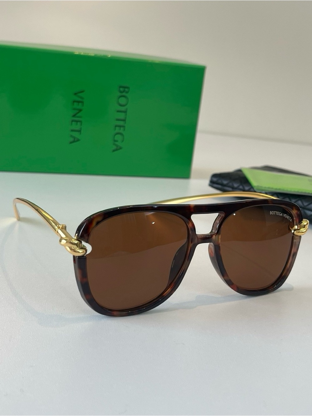 Bottega Veneta Tortoise Acetate Sunglasses with Gold Temples